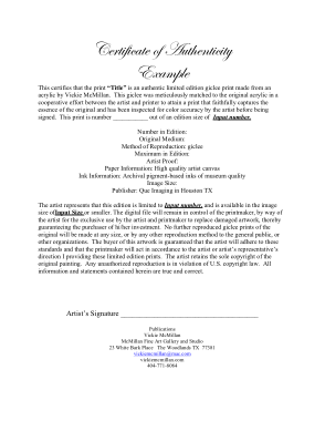 Certificate of Authenticity Example Template