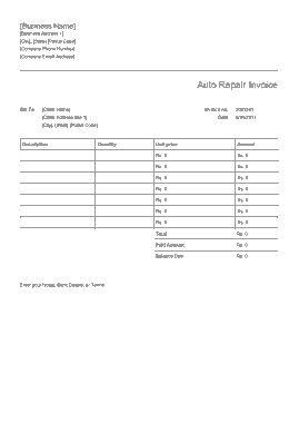 Free Download PDF Books, Blank Auto Repair Invoice Sample Template