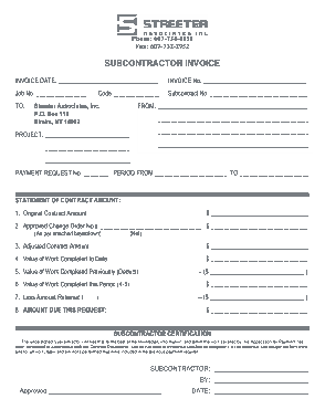 Basic Subcontractor Invoice Template