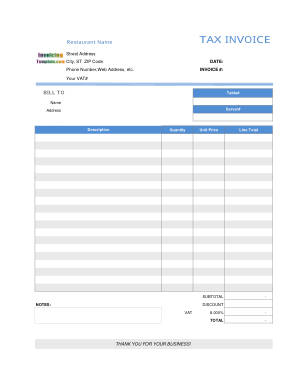 Free Download PDF Books, Restaurant Invoice with VAT Template