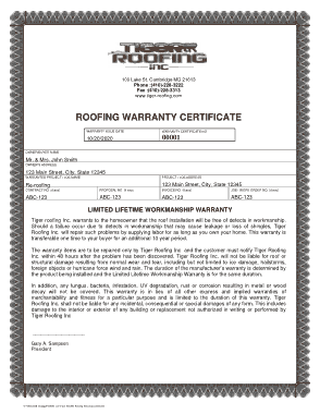 Tiger Roofing Warrenty Certificate Template