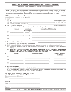 Affiliated Business Disclosure Agreement Form Template