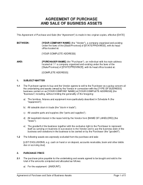 Purchase and Sale Business Agreement Form Template