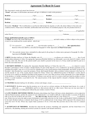 Agreement To Rent Or Lease Form Template