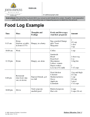 Example of Food Log Template