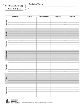 Food Activity Log Sheet Template