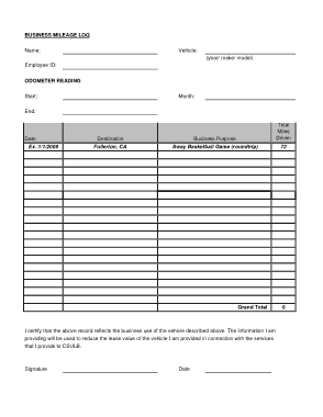 Free Download PDF Books, Business Mileage Log Form Template