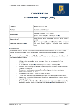 Retail Assistant Manager Job Description Template