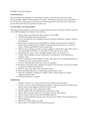 Dairy Plant Manager Job Description Example Template
