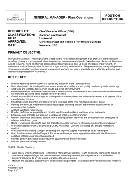 Plant Operations Manager Job Description Example Template