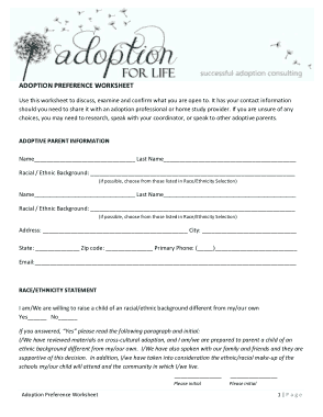 Adoption Preference Worksheet Template