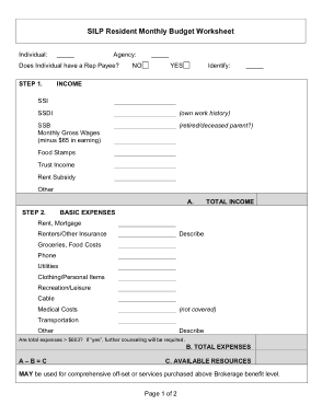 SILP Resident Monthly Budget Worksheet Template