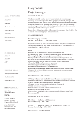 Project Manager CV Example Template