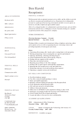 Sample Receptionist CV Template