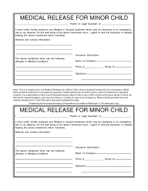 Free Medical Release Form for Minor Child Template