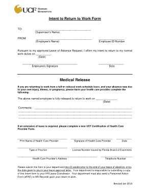 Medical Release To Work Form Template