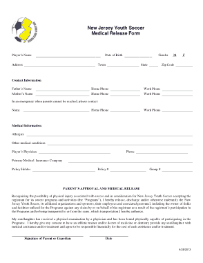 Youth Soccer Medical Release Form Template