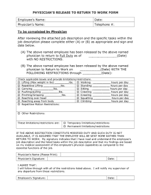 Physicians Release To Work Form Template