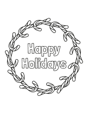 Christmas Candy Cane Wreath Happy Holidays Coloring Template