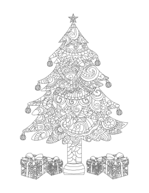 Free Download PDF Books, Christmas Decorated Tree With Wrapped Gifts Intricate Doodle Coloring Template