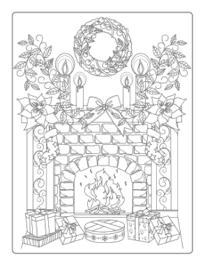 Christmas Fireside Gifts Wreath Candles Coloring Template