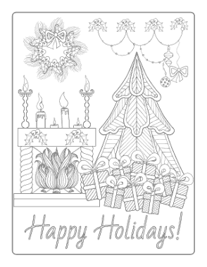 Christmas Fireside Tree Gifts Wreath Coloring Template
