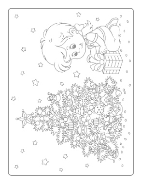 Christmas Girl Opening Present Decorated Tree Coloring Template
