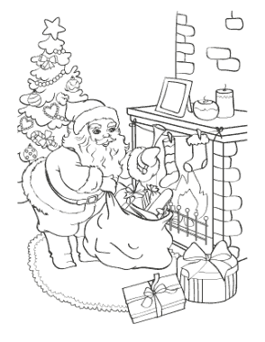 Christmas Santa Delivering Gifts Into Stockings Coloring Template