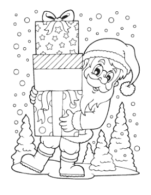 Christmas Santa Holding Presents Snowing Coloring Template