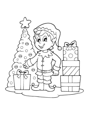 Christmas Tree Cute Elf Delivering Presents Coloring Template