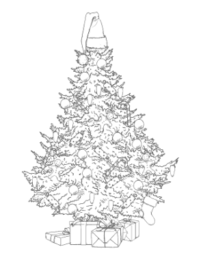 Christmas Tree Decorated Santa Hat Gifts Coloring Template