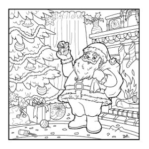 Christmas Tree Santa Delivering Gifts Fireside Coloring Template