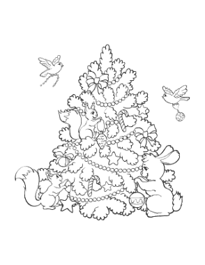 Christmas Woodland Animals Decorating Tree Coloring Template
