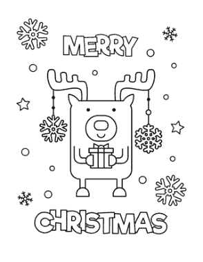 Merry Christmas Rudolph Holding Gift Snowflakes Coloring Template