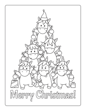 Unicorn Merry Christmas Tree Decorations Coloring Template
