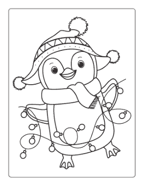 Winter Cute Penguin With Fairy Lights Coloring Template