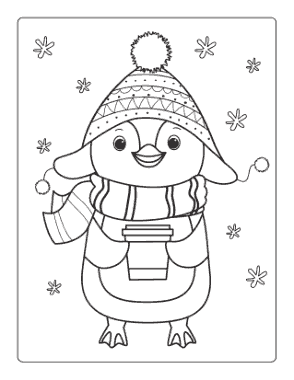 Winter Cute Penguin With Hot Drink Coloring Template