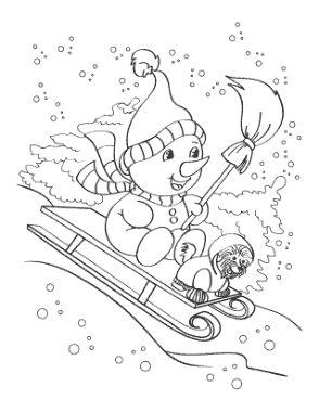 Winter Cute Snowman Puppy Sled Ride Coloring Template