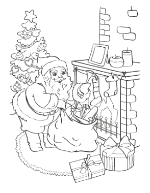 Christmas Santa Delivering Gifts Into Stockings Free Coloring Template