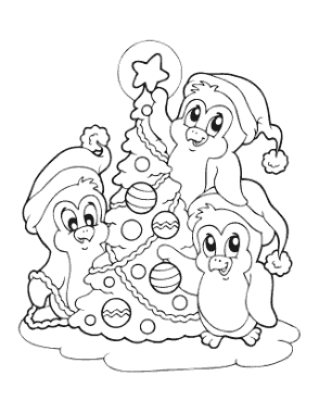 Christmas Tree Cute Penguins Decorating Tree Free Coloring Template