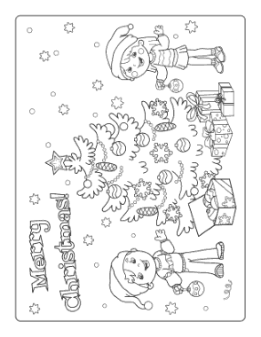 Christmas Tree Girl Boy Decorating Tree Merry Christmas Free Coloring Template