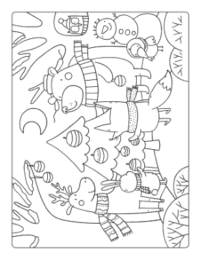 Christmas Woodland Animals Decorating Christmas Tree Free Coloring Template