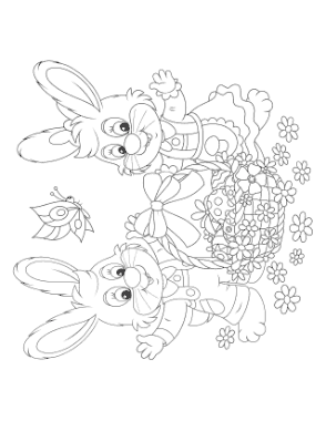 Easter Bunnies Eggs Flowers Coloring Template
