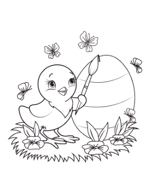 Easter Cute Chick Painting Egg Butterflies Coloring Template