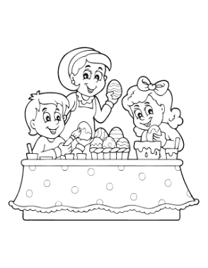 Easter Kids Decorating Eggs Coloring Template