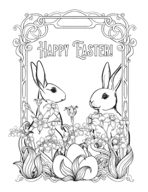 Easter Vintage Happy Easter Rabbits Eggs Flowers Coloring Template