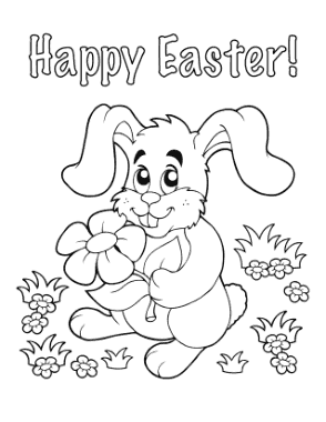 Happy Easter Bunnie With Flower Coloring Template