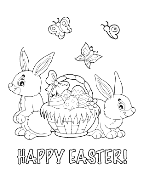 Happy Easter Bunnies With Basket Coloring Template