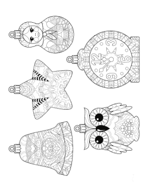Free Download PDF Books, Christmas Ornaments Decorative Bell Star Owl Clock Doll Coloring Template