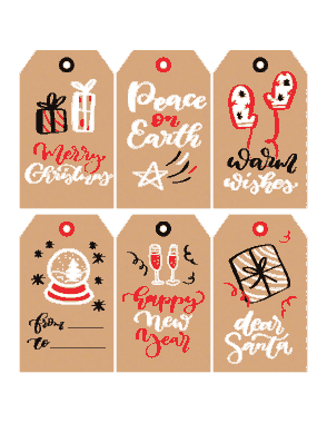 Christmas Tags Black White Red Paper Snowglobe Mittens Gifts Coloring Template